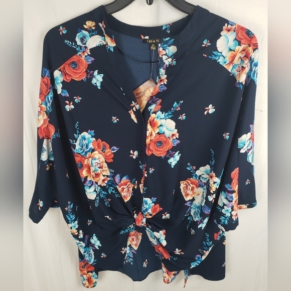 NWT Iman Navy Multicolor Floral VNeck 3/4 Sleeve Button Down Tie Up Shirt Sz 2X - Picture 2 of 11